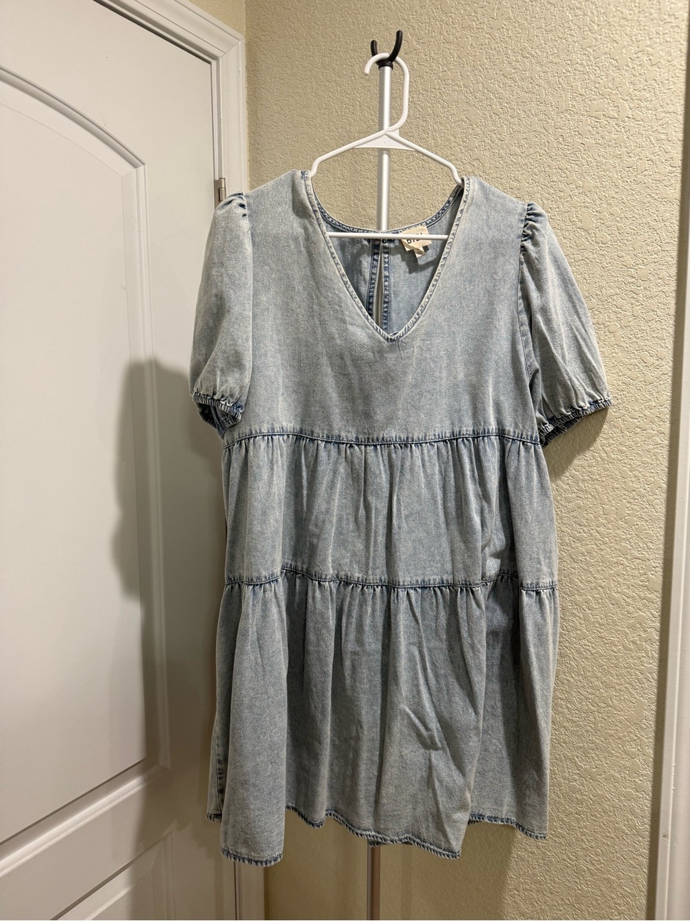 BiBi Washed Light Blue Denim Tiered Mini Dress